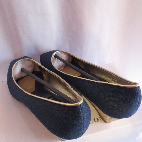 AJ Valenci Shoes Size 12 Denim Wedge Peep Toe Pumps Gold Trim Comfort - Picture 7 of 7